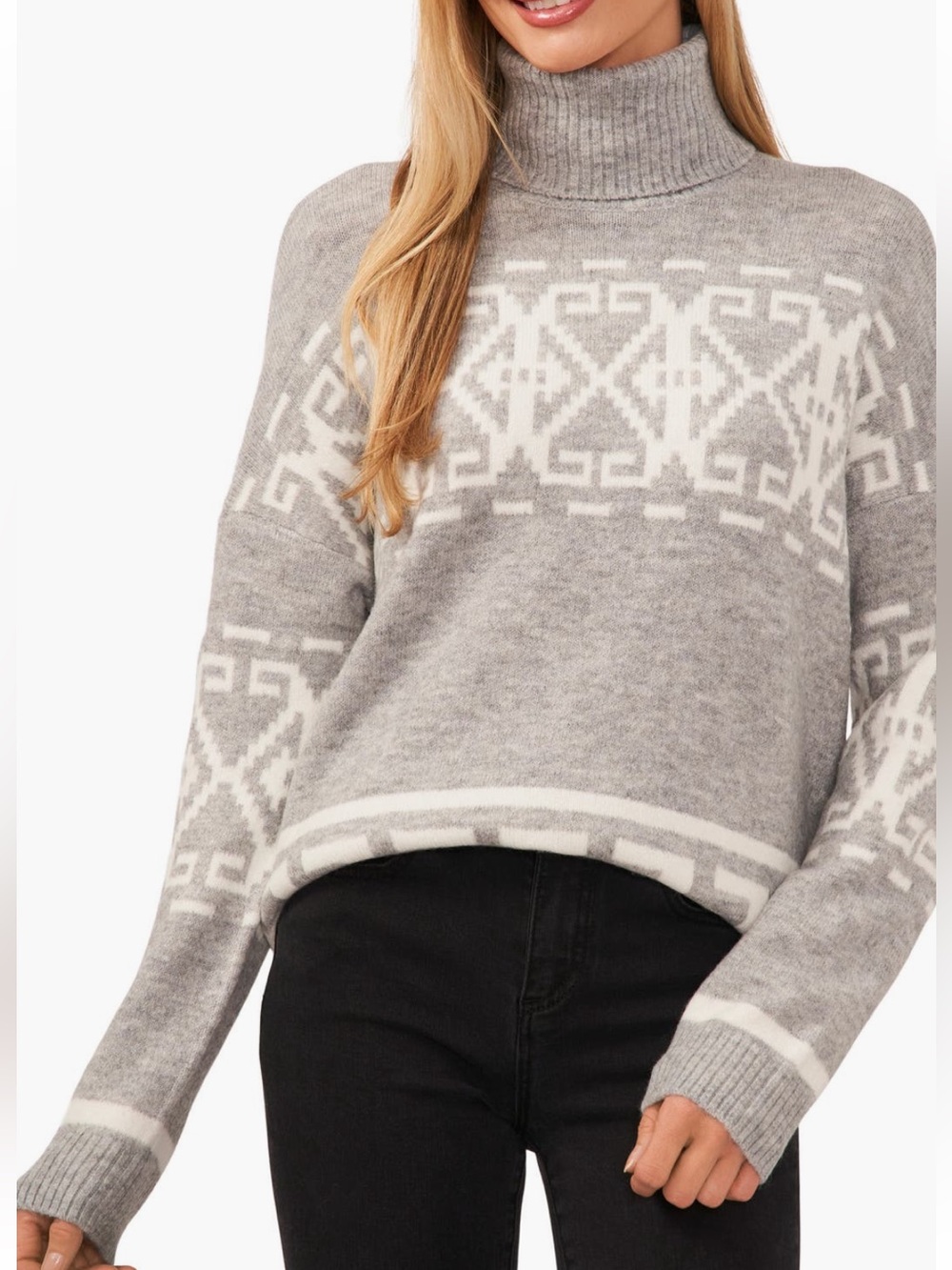 CeCe Fair Isle Turtleneck Sweater Light Heather Grey NWT Size S Oversized